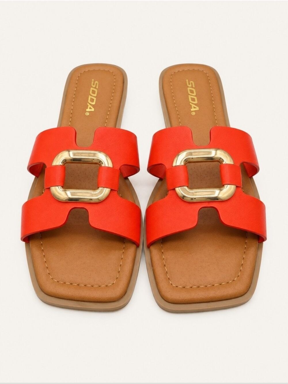 SODA FENG-S Orange Gold Buckle Square Toe Slide Sandals Size 7 NWT Resort Summer